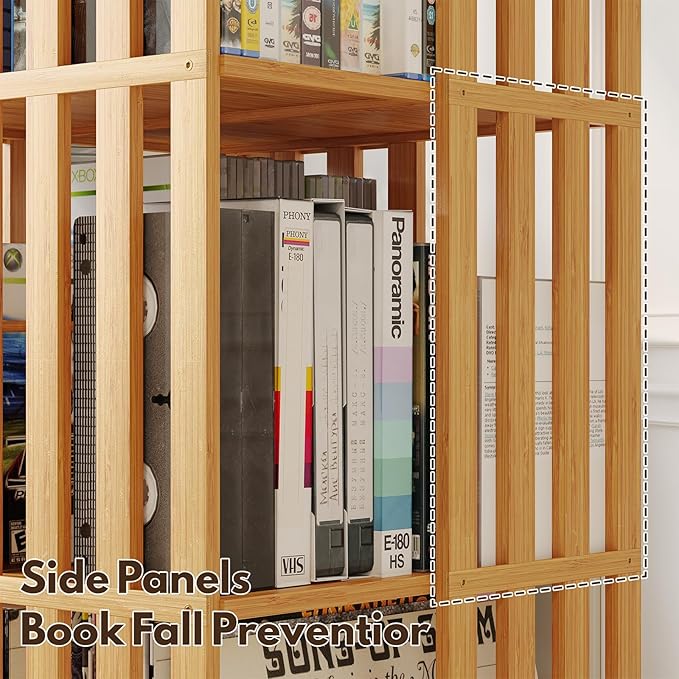 XIMN 360° Rotating Bamboo CD/DVD Shelf - 6-Tier Space-Saving Media Storage Cabinet for Movies, Organizer with Super Compact Design (Nature, 4 Tier)
