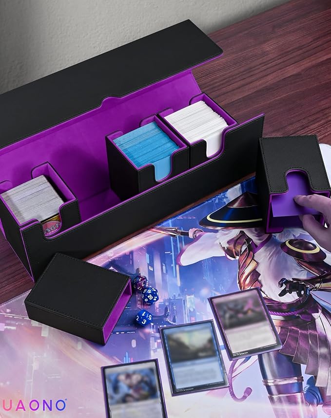 Card Deck Box with Dice Tray for MTG, 5 in 1 Card Deck Case Holds 800+ Unsleeved Cards, Strong Magnet Organizer Compatible with Yugioh TCG Sports Cards (Black Purple)