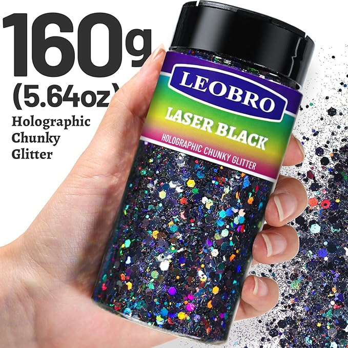 LEOBRO Black Glitter, 160g/5.64oz Holographic Chunky Glitter for Crafts, Resin, Body Nail, DIY Decorations, Holographic Black