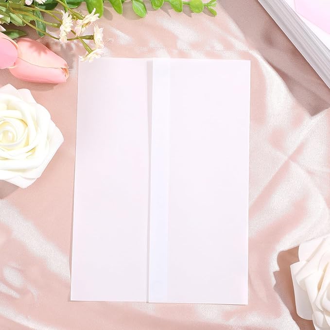 120Sheets Pre-Folded Transparent Vellum Jackets Paper for 5 x 7 in Invitations, 100GSM Translucent Matte Vellum Paper for DIY Printing Drawing Invitations Greeting Cards Invitation Cards