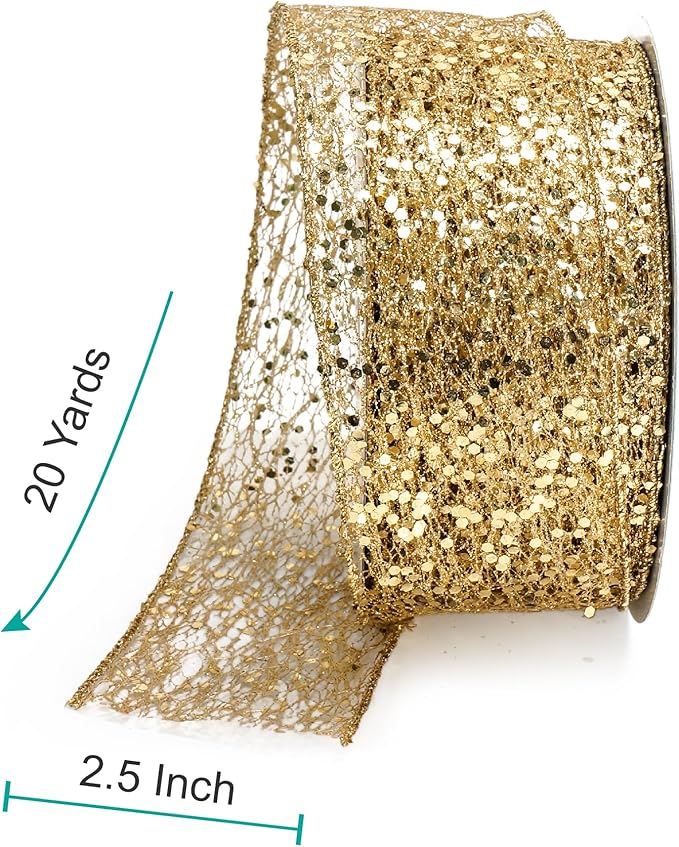 CT CRAFT LLC Sparkling Glitter Mesh Wired Ribbon 2.5" x 20 Yards Gold for Christmas Home Decor Bow Gift Wrapping DIY Crafts Wreath