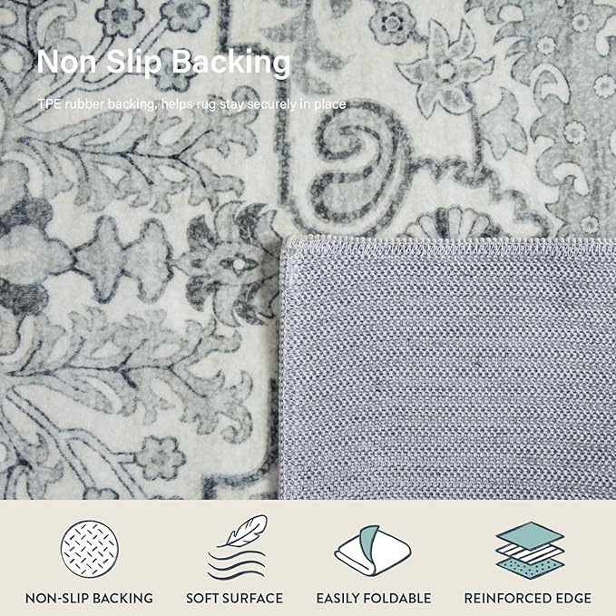 Lahome Area Rug 4x6 Bohemian Vintage Washable Boho Rugs for Bedroom Aesthetic, Beige Rugs for Living Room, Floral Medallion Soft Non-Slip Non-Shedding Faux Wool Rug for Entryway Kitchen Dining Table