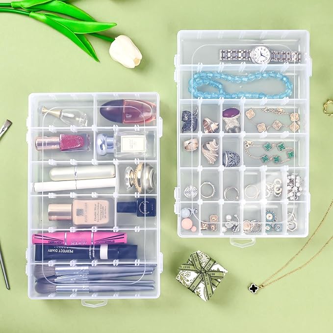3 Pcs 36 Large Grids Clear Plastic Organizer Box with Adjustable Dividers Craft Organizers Box for Bead,Jewelry,DIY Crafts,Art,Small Items Storage (Clear-3pack-108 Grids)