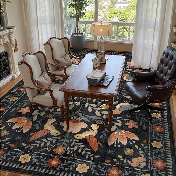Morebes Washable 9x12 Area Rugs for Living Room, Large Bird Floral Dining Room Rug Non Slip, Ultra-Thin Boho Insect Distressed Soft Carpet for Kids Bedroom Office Decor, Black/Muliti