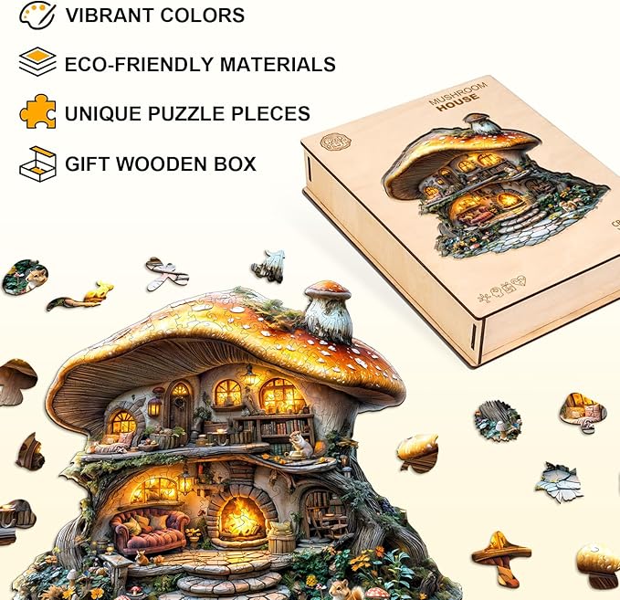 Wooden Puzzles for Adults, Mushroom House Puzzles, Wood Adult Puzzle, Birthday Gifts for Puzzle Lover (L-13.1 * 13.4 in 290pcs)