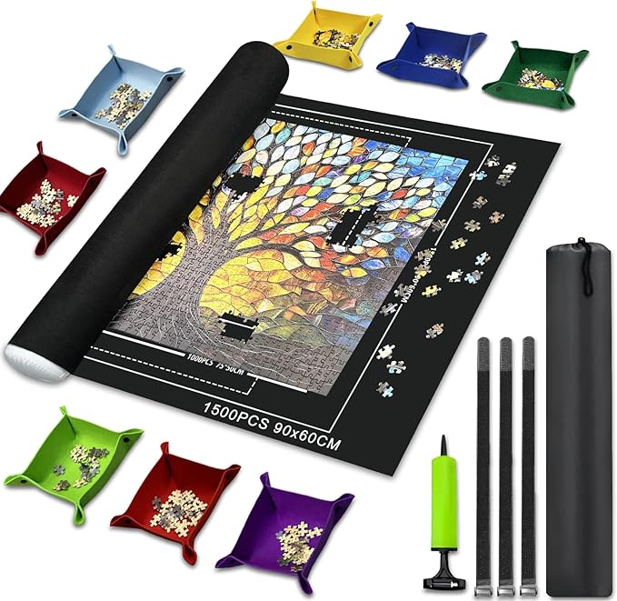Napzy Puzzle Mat Rollup for Jigsaw Puzzles Storage Matt Roll Up Puzzle Board Saver with 8 Sorting Trays 1 Drawstring Bag Puzzle Table for Up to 1500 PCS
