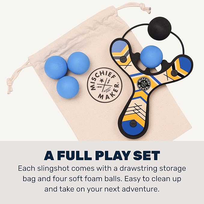 Mighty Fun! - Mischief Maker® Wooden Slingshot - Classic Series - Real Wood Slingshot for Kids, 4 Soft Foam Balls and Storage Bag - Ages 4+ (Blue)