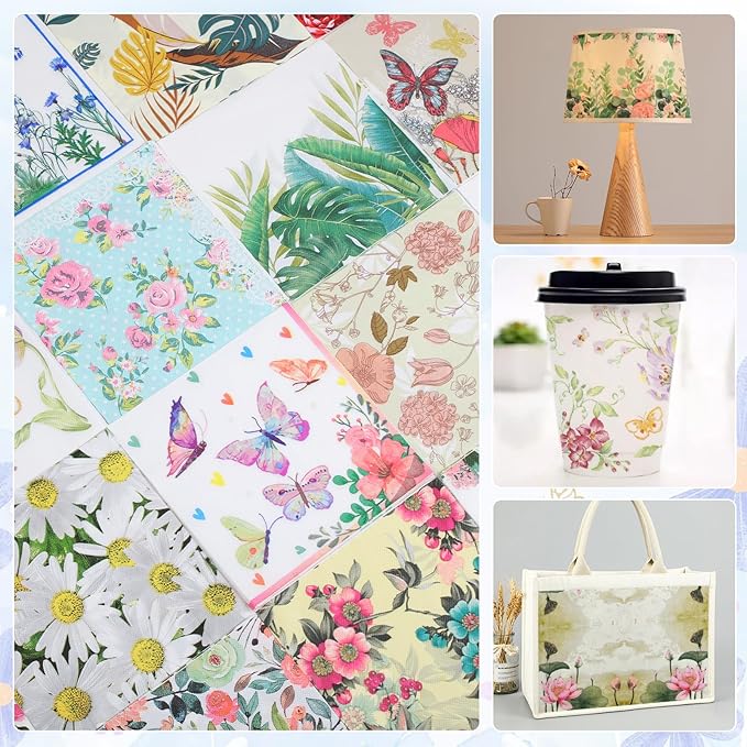 Floral Decoupage Paper Napkins, 20 Pack 20 Styles Assorted Decorative Cocktail napkins for DIY rafting Birthday Party Wedding Baby Shower Each Unfolded 13 Inch