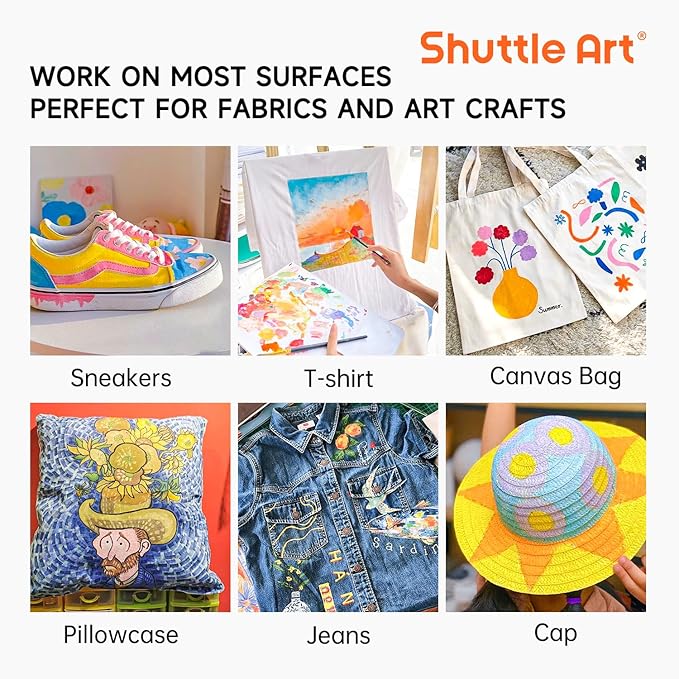 Fabric Paint, Shuttle Art 30 Colors Permanent Soft Fabric Paint in Bottles (60ml/2oz) with Brushes, Palette, Stencils, Non-Toxic Textile Paint for T-shirts, Shoes, Jeans, Bags, DIY Projects&Art Crafts
