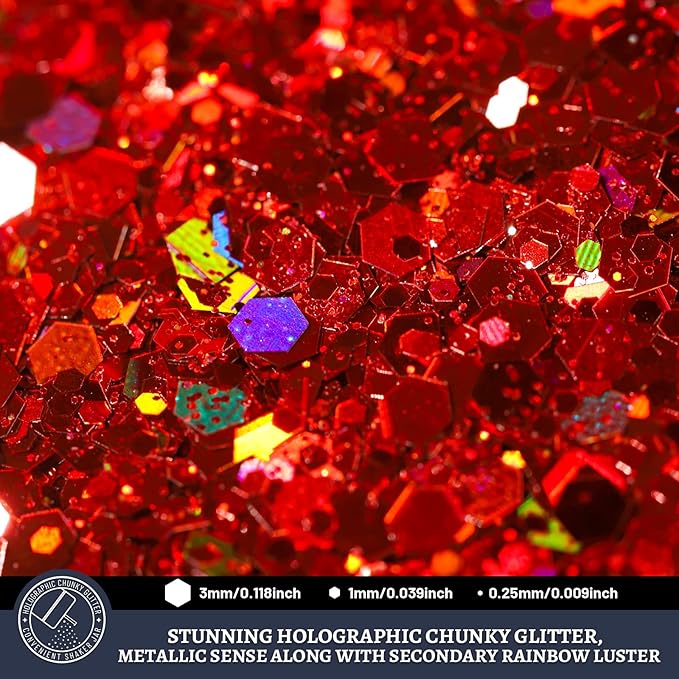 LEOBRO Red Glitter, 160g/5.64oz Holographic Chunky Glitter for Crafts, Resin, Nail Body, Tumblers, Party Decorations