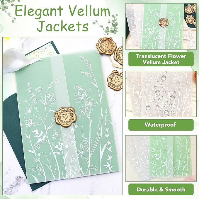 SWANGSA 50 Sets Wedding Invitations Wraps, Vellum Jackets for 5x7 Invitations & Self Adhesive Antique Gold Heart Wax Seal Stickers for Wedding Bridal Baby Shower Birthday Envelopes (White Wildflower)