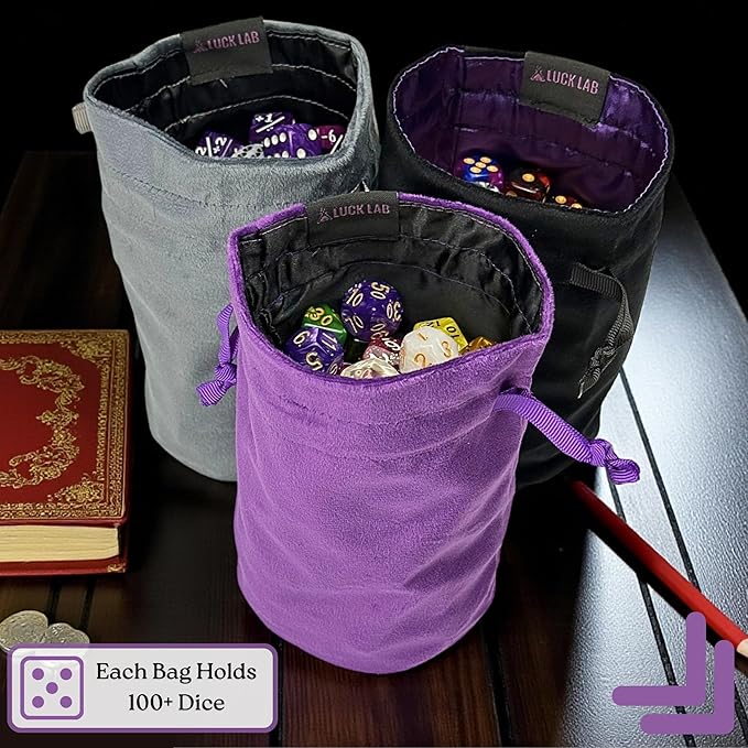 Luck Lab Velvet Drawstring Dice Bag - Set of Three Colors - Dungeons and Dragons Fabric/Standing Cotton Fabric Dice Bags/D&D Dice Pouch/Small Pouch/Velvet Jewelry Bag (Purple, Black, Grey)