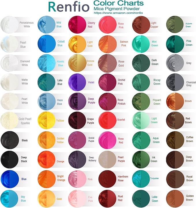 Renfio Mica Powder, 60 Colors Mica Powder for Resin Natural Epoxy Resin Color Pigment Powder Dye 0.25oz/7g Bottles Shimmer Pearl Pigments for Soap Making, Candle Making, Epoxy Crafts, Slime, Nail Art
