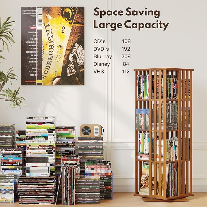 XIMN 360° Rotating Bamboo CD/DVD Shelf - 6-Tier Space-Saving Media Storage Cabinet for Movies, Organizer with Super Compact Design (Walnut, 4 Tier)