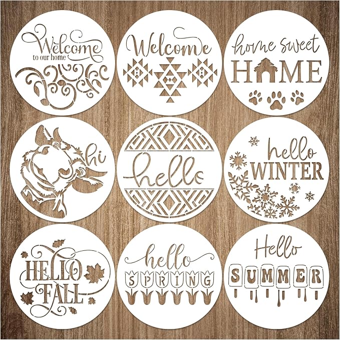 9 Pcs Welcome Stencils for Painting on Wood Reusable Round Home Sweet Home Stencil Large Hello Fall Templates for Door Hanger Canvas DIY Crafts (9 Welcome)