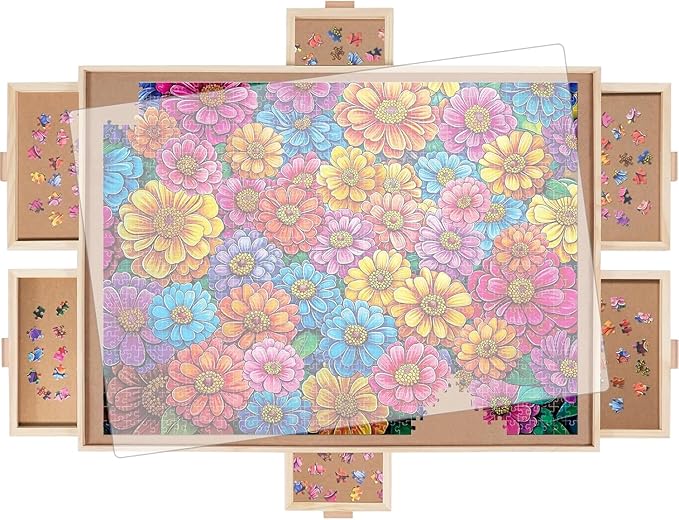1500 Pieces Rotating Puzzle Board with 6 Drawers, Lazy Susan & Transparent Cover, 34.2"x25.2" Portable Wooden Jigsaw Puzzle Board, Great Gift for Puzzle Enthusiasts