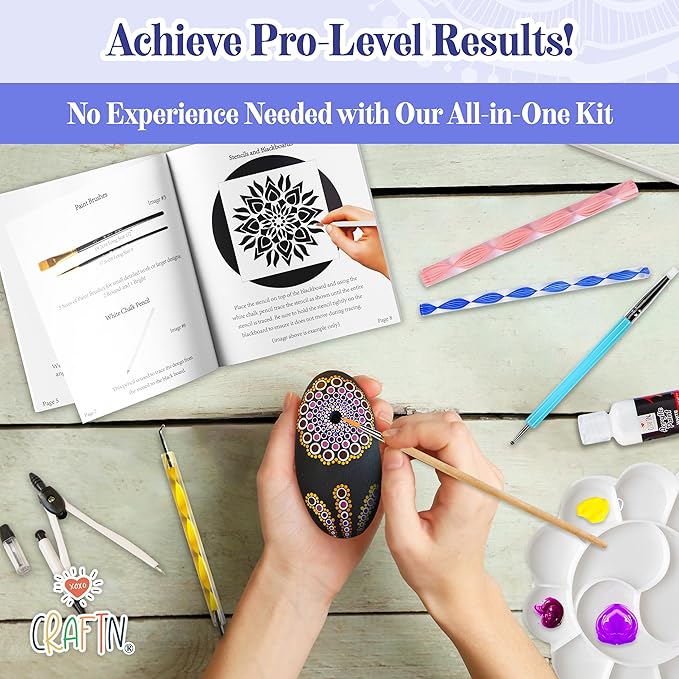 Complete Beginner's Mandala Painting 46 Piece Kit with Acrylic Paints, Reusable Stencils and Dotting Tools. Fun Rock Art & DIY Craft Project. Starter Activity Pack and Gift for Teens, and Adults