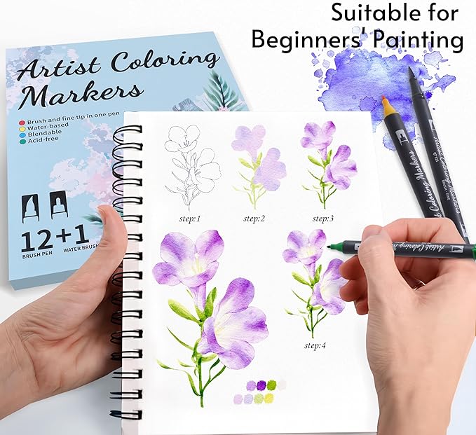 12 Colors Blendable Watercolor Markers 2025 Upgrade Double Tip Paint Pens with 1 Water Brush Pen Water Based Coloring Pens Drawing Markers Set with Flexible Brush Tip for Artists and Beginners