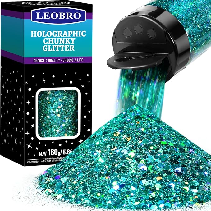 LEOBRO Blue Glitter, 160G/5.64OZ Holographic Chunky Glitter for Crafts, Resin, Body Nail, Tumblers,Party Decorations, (Peacock Blue)