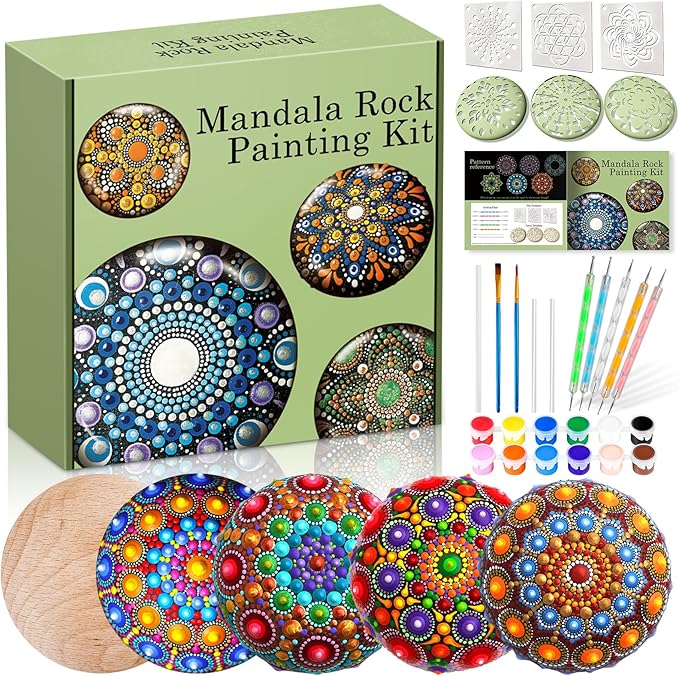 Mandala Rock Painting Kit - Mandala Dotting Tools Kit - 5 Large Wooden Rocks for Painting with Stencil Supplies, Dotting Tools for Paint Rocks - Dot Art and Crafts for Adults