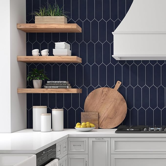 SUNWINGS Backsplash Tile for Kitchen Peel and Stick, Stone Composite Self Adhesive Tiles Long Hexagon Mosaic Wall Tile for Kitchen, 12 Inch x 11.22 Inch 10 Sheets Navy Blue