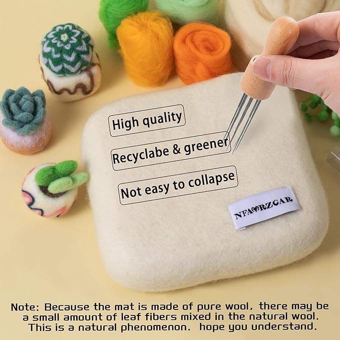 NFAMRZCAR Needle Felting Pad,Thick and Firm Needle Felting Mat Natural Wool Felting Mat with 110 Needle 3 Needle Wood Handles 1 Clean Cloth,Clear Instruction (New 6 * 6inch)