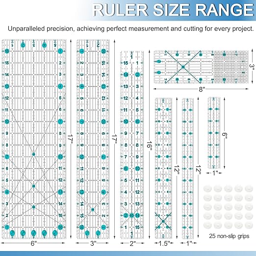 Quilting Ruler, Sewing Ruler, 8 Pack, Acrylic Quilting Templates(6"x17", 3"x17", 2"x16", 1.5"x12", 1"x12", 1"x6", 8"x3"), Non Slip Rings 25 Pieces, Sewing and Quilting Supplies - Clear/Blue