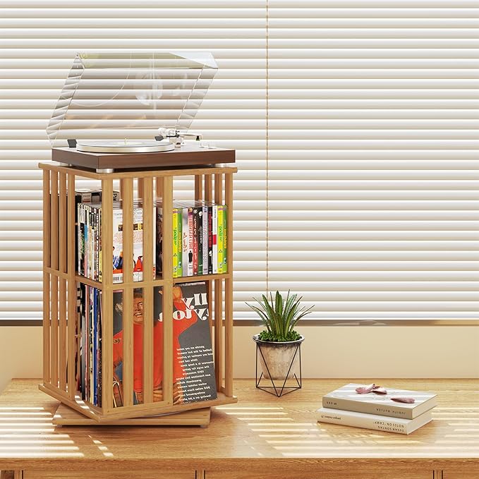 XIMN 360° Rotating Bamboo CD/DVD Shelf - 6-Tier Space-Saving Media Storage Cabinet for Movies, Organizer with Super Compact Design (Nature, 2 Tier)