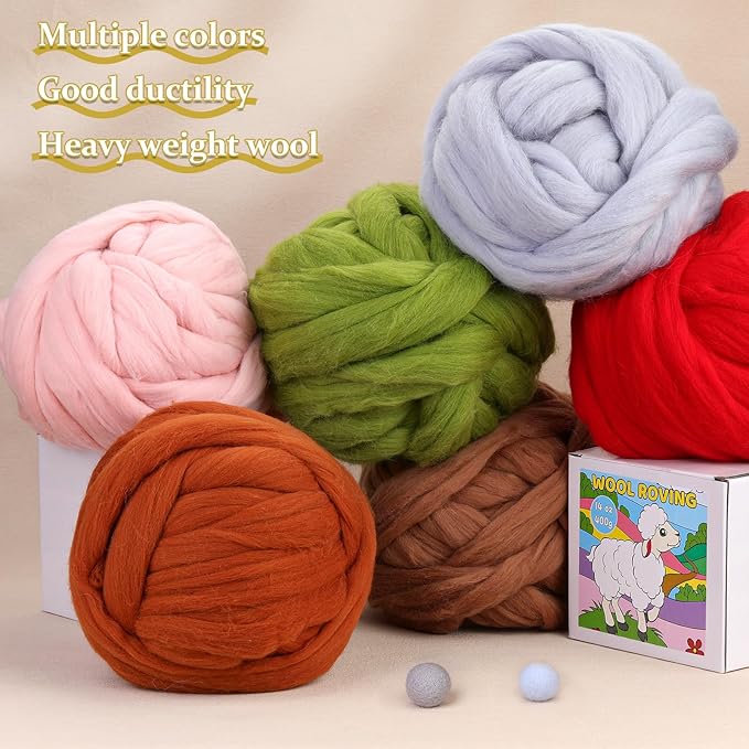 QMNNMA 14.1oz Wool Roving Yarn, Fiber Roving Wool Top, Wool Felting Supplies, Pure Wool, Chunky Yarn, Handmade Carded Core Wool for Wool Felting, Wet Felting DIY Hand Spinning
