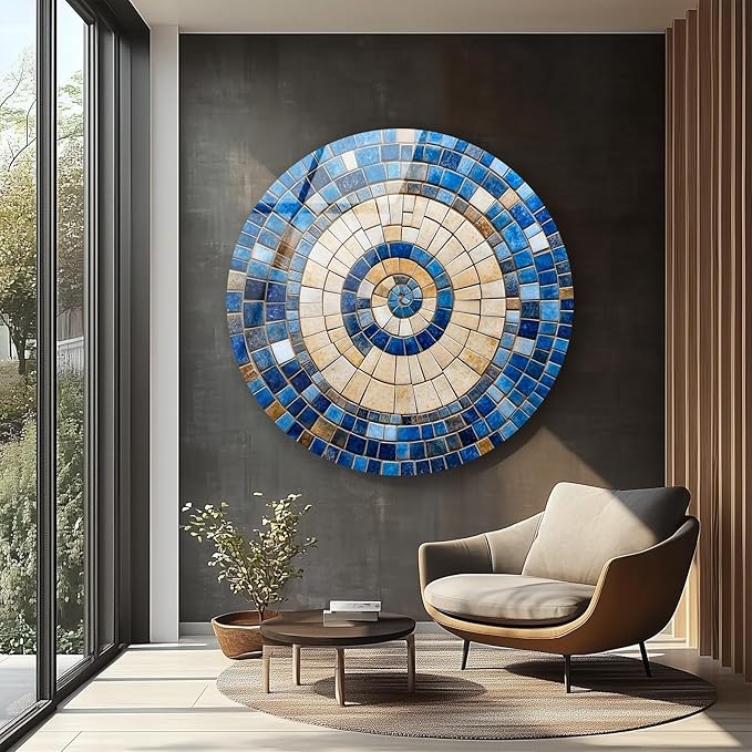 My Photostation.com 10''(25cm) Diameter Coastal Sunburst Beige & Blue Round Glass Wall Art Tempered Glass Printing Wall Decor Large Wall Art Wall Hangings