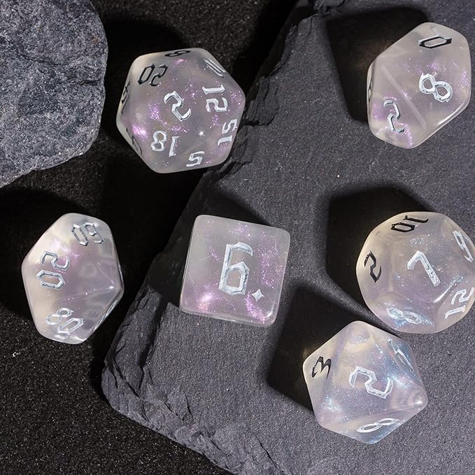 7-Die DND Dice Set Polyhedral Dice Set with Leather Bag D&D Dice Set for RPG Table Games (Transparent w/Glitter)