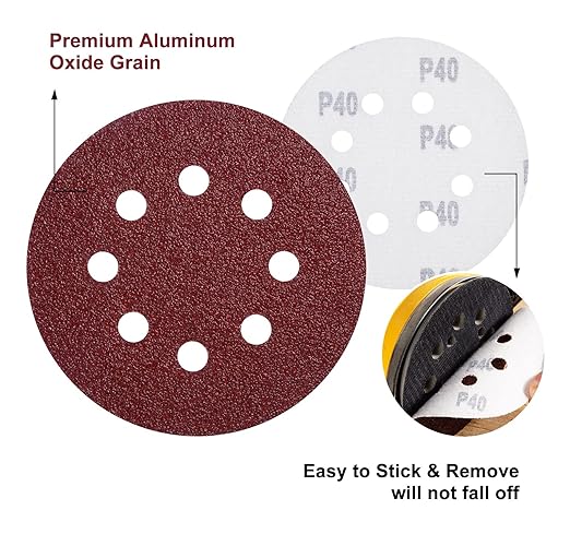 S SATC 150 PCS Sanding Discs 5-Inch 8-Hole Aluminum Oxide Sandpaper for Woodworking Hook and Loop Adhesive for Random Orbital Sander 40 Grit