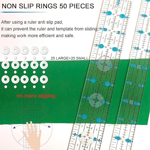 Quilting Ruler, Sewing Ruler, 8 Pack, Acrylic Quilting Templates(6"x17", 3"x17", 2"x16", 1.5"x12", 1"x12", 1"x6", 8"x3"), Non Slip Rings 25 Pieces, Sewing and Quilting Supplies - Clear/Blue