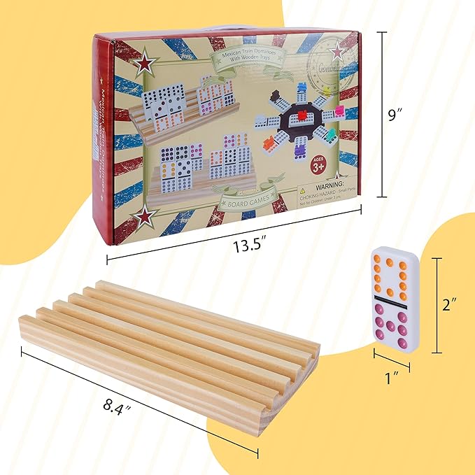 Double 12 Mexican Train Dominoes Set for Adults with 8PCS Wooden Holders, 9 Train Markers, 91 Color Dot Tile Dominos in Tin Box & Hub - Classic Family Board Game Set Party Toy Gift for Kids