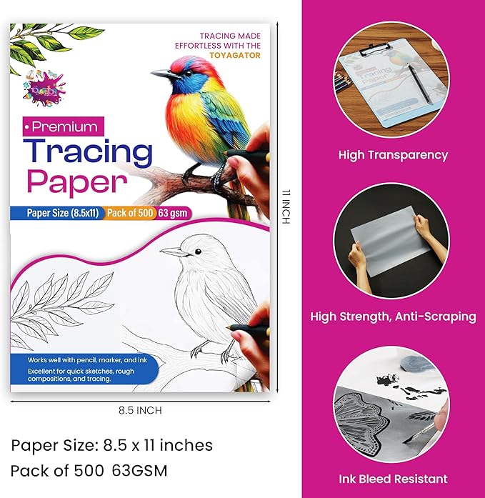 Tracing Paper 8.5 x 11 Inch - 500 Sheets 41lb/63gsm Transparent Vellum Paper for Sketching, Preliminary Drawing, Drafting & Overlays - Premium Translucent Tracing Paper for Pencil, Marker and Ink