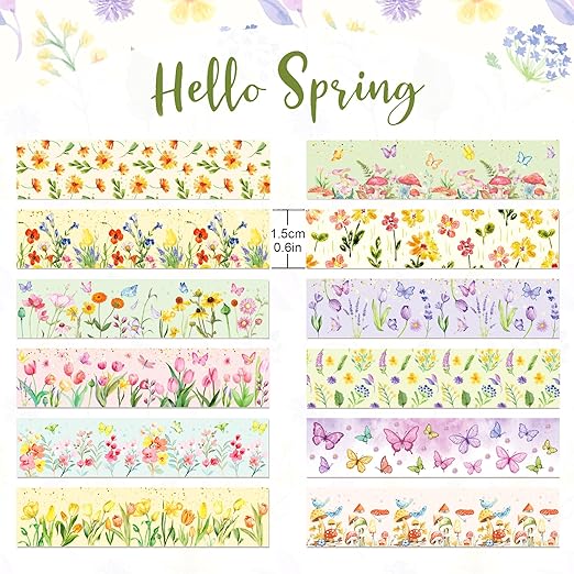 12 Pcs Flowers Washi Tapes Set Flowers Blooms Garden Vintage Flowers Masking Tape Floral Themed Decorative Tape Flowers Printed Decorative for DIY, Planner, Scrapbooking, and Party Decor
