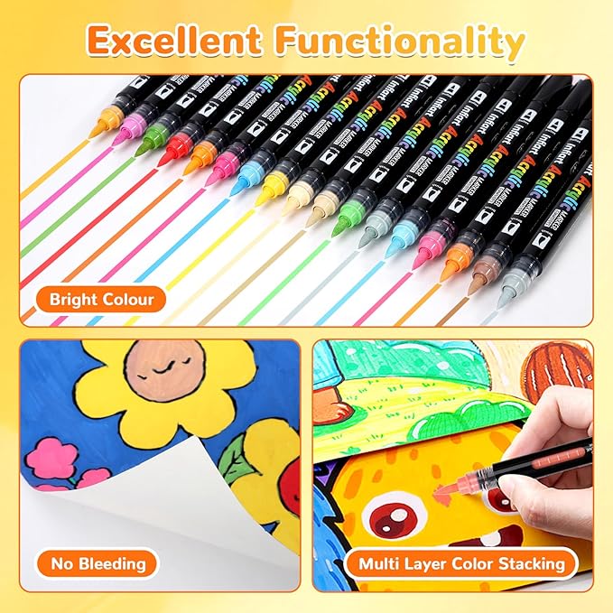60 Colors Dual Tip Acrylic Paint Markers Automatic Ink Control Acrylic Paint Pens, Fine & Brush Tip Acrylic Markers Set for Rock Painting, Stone, Wood, Canvas, DIY & Art Supplies