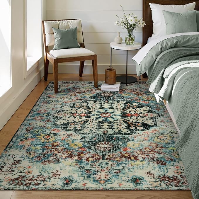 Lahome Bohemian Floral Medallion Area Rug - 4x6 Teal Soft Bedroom Rug Washable Entryway Mat, Non Slip Pet Friendly Indoor Floor Accent Carpet for Bathroom Mudroom Basement Studio