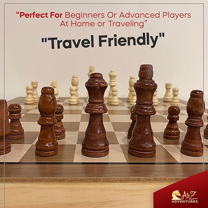 Magnetic Chess Set with Checkers - 15" (2 in 1) Folding Wooden Chess Sets for Adults & Kids with 2 Extra Queens | Travel Chess Board Game Set with Chess Pieces Storage Slots, Luxury Gift with Storage