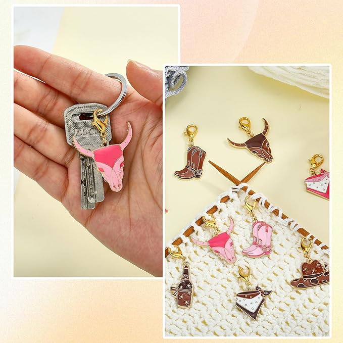 BEEFLYING 16Pcs Cowgirl Stitch Marker Charms for Crocheting and Knitting, 8 Styles Locking Pink Enemal Crochet Knit Stitch Marker Pendant with Leverback Clasp for Knitting Crocheting Accessories