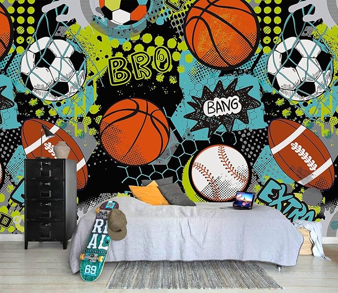 AFZEVEB-Colorful Graffiti Wallpaper Hand-Painted Ball Wall murals for Kids Room 114"x74"(Not Peel and Stick)