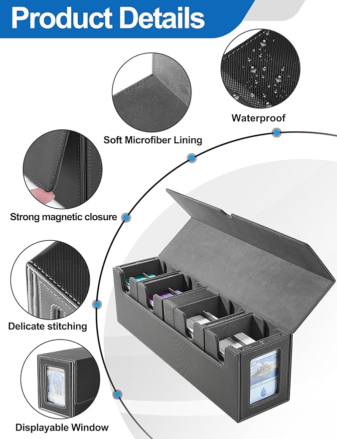 Card Deck Box for MTG with Commander Display, 5 in 1 Card Deck Case Holds 800+ Unsleeved Cards, Strong Magnet Organizer Compatible with Yugioh TCG Sports Cards (Black&Grey)