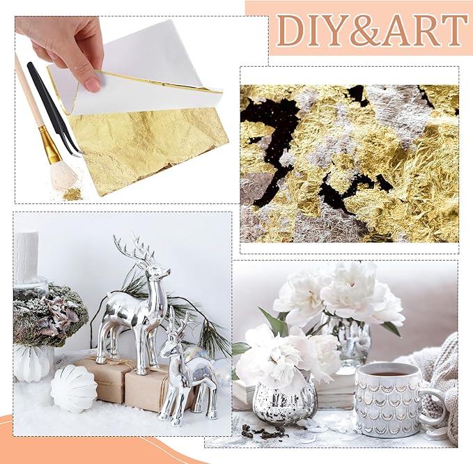 Cunhill 200 Pcs Gold Leaf Sheets for Art Foil Paper Leaf Art Foil Sheets Gilding Brush Thin Paper Craft for Painting Gilding Crafting Decoration,5.5 x 5.5 Inches(Gold)