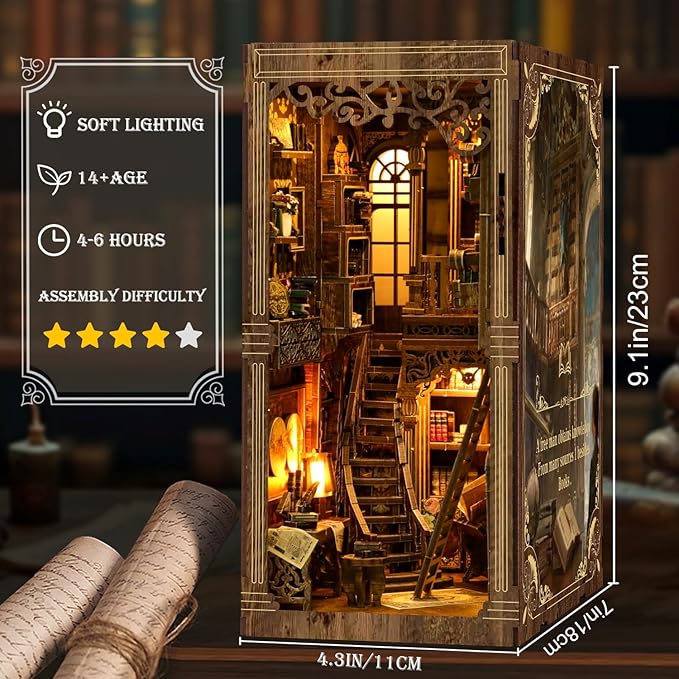 Book Nook Kits for Adult, DIY Miniature House Kit 3D Wooden Puzzles Miniature House Booknooks Dollhouse Bookend Bookshelf Insert Decor with LED Light Gift - Ancient Book Collection Room
