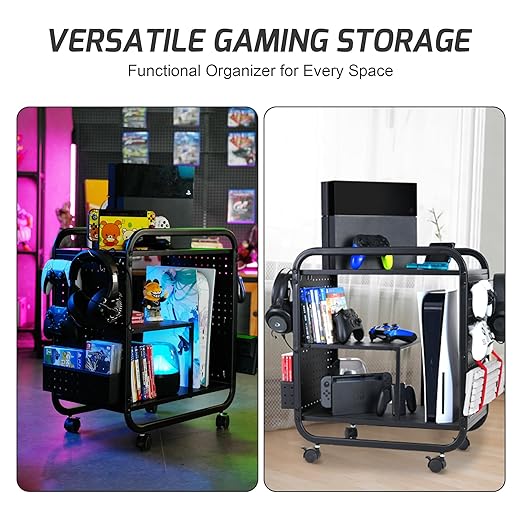 PLKOW Video Game Organizer, Rolling Video Game Storage Rack for Xbox/Switch/PS4/PS5 Accessories, Game Consoles Stand Controllers Holder, Perfect Holiday Present (Black)
