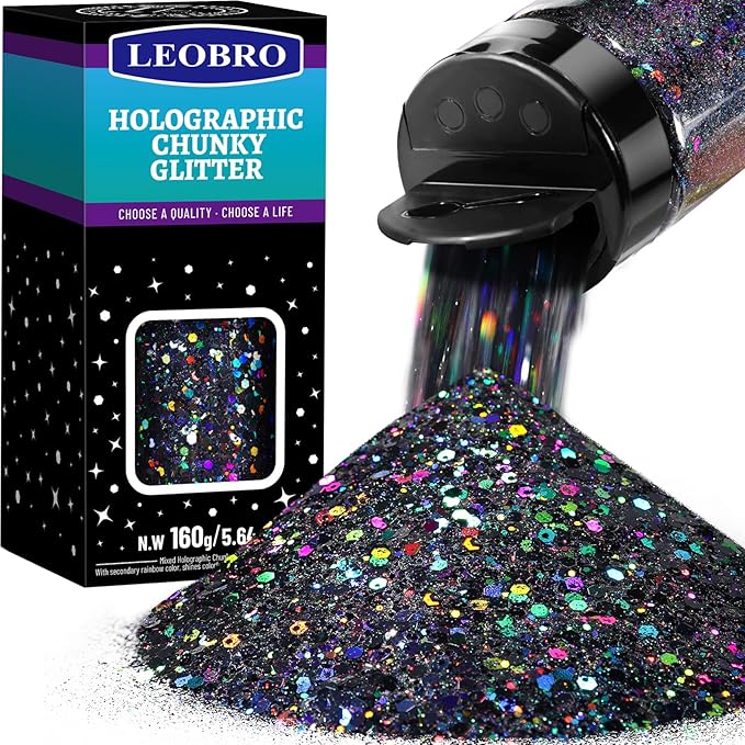 LEOBRO Black Glitter, 160g/5.64oz Holographic Chunky Glitter for Crafts, Resin, Body Nail, DIY Decorations, Holographic Black