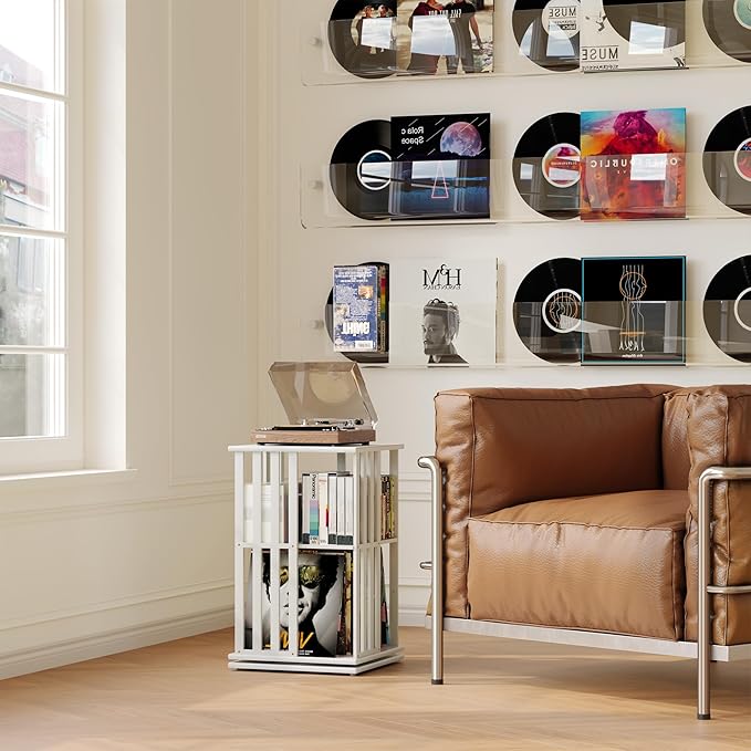 XIMN 360° Rotating Bamboo CD/DVD Shelf - 6-Tier Space-Saving Media Storage Cabinet for Movies, Organizer with Super Compact Design (White, 2 Tier)