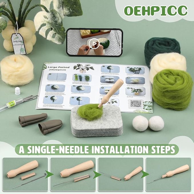 OEHPICC Needle Felting Kit for Beginners, Monstera Potted Plant Felt Kit, Wool Felting Kit with Felting Needles, Felting Pad and Instructions, Perfect for Office Indoor Greenery Present Idea