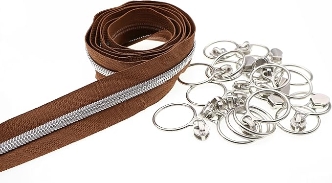 Leekayer #5 Silver Metallic Nylon Coil Zippers by The Yard Bulk 10 Yards Brown Zipper Tape with 25pcs Silver Ring Pull Sliders for DIY Sewing Tailor Craft Bag(Brown)