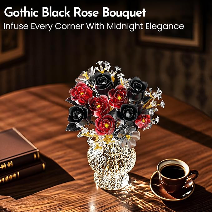 Rose Flower Bouquet Building Set for Adults, Halloween for Women Teen Girlfriend, Artificial Floral Botanicals Collection Gothic Decor for Home or Office (414 PCS)
